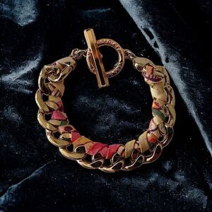 Vera Bradley Chain Link Bracelet‎ Woven Cloth Gold Tone Chunky Colorful Toggle.